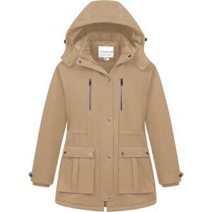 Women's Khaki Waterproof Fleece Lined Detachable Hood Jacket Coat Winter Warm